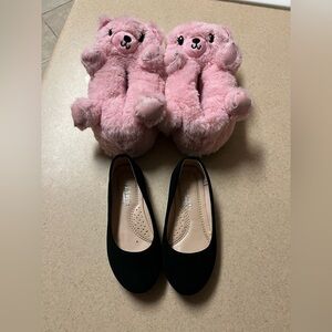 Girls Bundle - Black Flats 10 & Pink Teddy Bear Slippers S